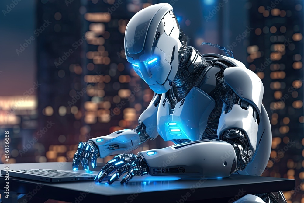 Poster futuristic robot typing and learning with laptop, chat bot. generative ai
