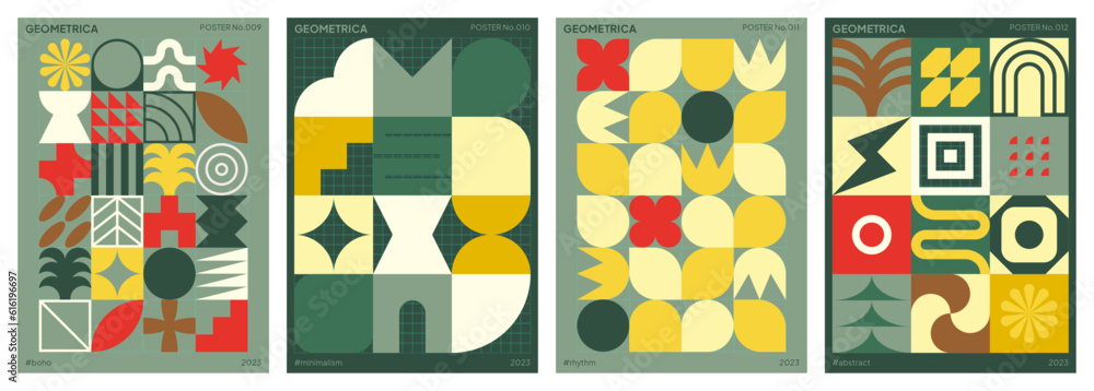 Sticker abstract colorful geometric patterns inspired by neo geo art. minimalist poster set with graphic sha