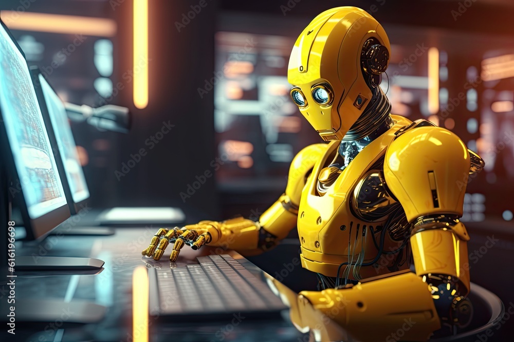 Poster futuristic robot typing and learning with laptop, chat bot. generative ai