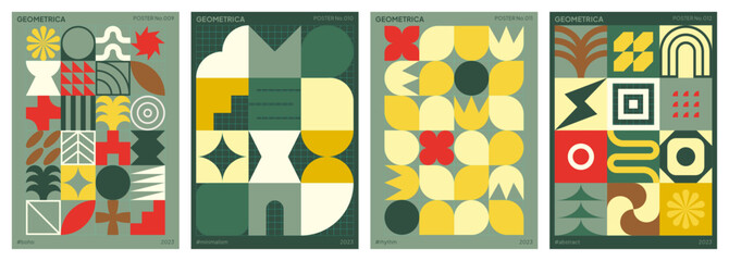 Abstract colorful geometric patterns inspired by Neo Geo art. Minimalist poster set with graphic shapes and symbols. Flat, vector and decorative illustrations for wall art, print, cover or background.