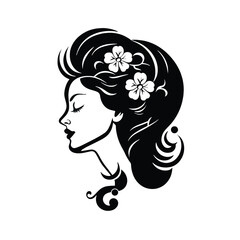 Beautiful girl with flowers on her head silhouette, logo, tattoo, vector illustration isolated