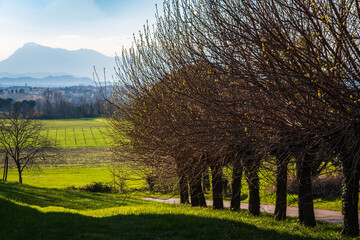 Spring on the Castle of Arcano. Landscape of the hills of Friuli