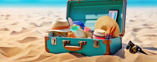 Creative summer beach composition in suitcase on blue background. travel concept idea