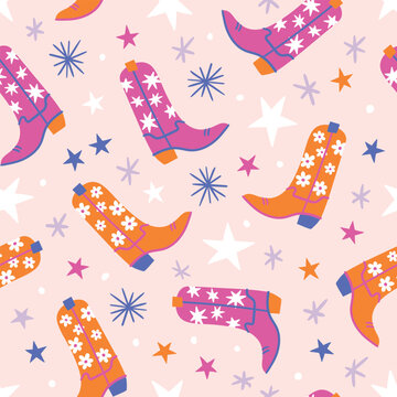 Cowboy boots pattern. Cowgirl boots background. Retro pattern. Retro background. Cute seamless pattern