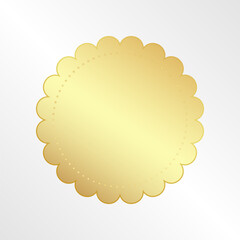 A golden badge in the shape of a star with rounded tips. 3 D. Vector illustration.