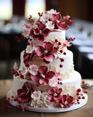 Illustration of a three-tiered wedding cake decorated with red and white flowers created with Generative AI technology