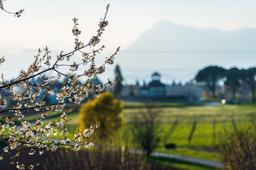 Spring on the Castle of Arcano. Landscape of the hills of Friuli