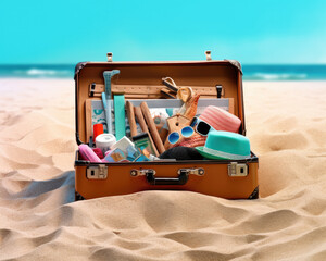 Creative summer beach composition in suitcase on blue background. travel concept idea