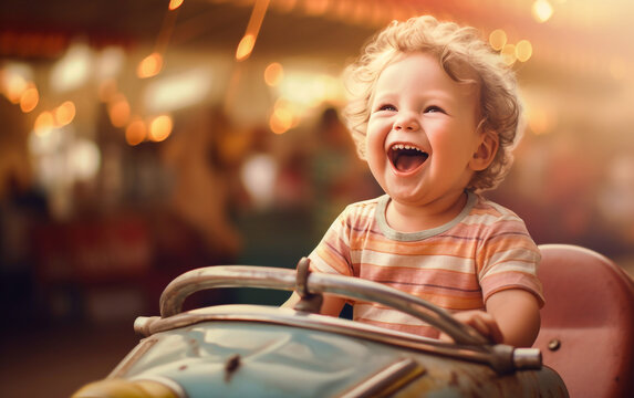 A happy toddler laughs and has fun on a bumper car