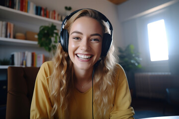 Young casual dressed woman at home POV video call. AI - obrazy, fototapety, plakaty