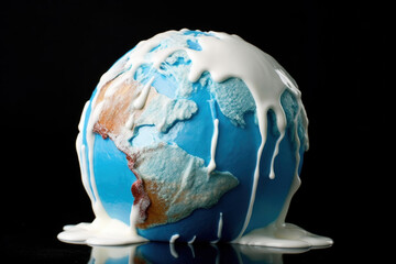 Earth globe as a melting ice cream ball. environment global warming concept, AI generative.