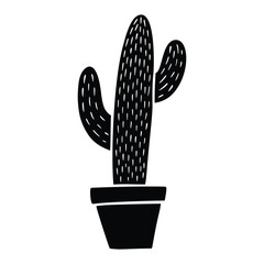 Boho Cactus Silhouette. Hand Drawn Cactus in Linocut Style. Western Design Icon Vector Illustration Isolated on White Background. Bohemian Clipart for Logo, Poster, T Shirt Print.