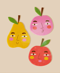 Charming Fruits. Funny Illustration with Lovely Pear and Cute Apples. Fruits Print ideal for Wall Art, Poster, Shirt. Healthy Food Illustration. Nursery Art with Pear and Apples. Kids Room Decoration.