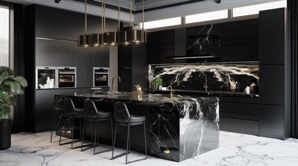 A modern kitchen. Sleek and minimalist cabinets with a high-gloss finish, a large island with a white marble countertop, and a set of designer appliances in stainless steel. Generative AI