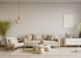 Home interior mock-up with cozy sofa on white wall background, 3d render