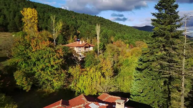 Stunning drone footage of autumn traditional village houses in Western Black Sea