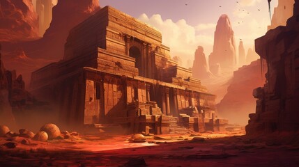 Ancient city buried deep within a desert or underwater realm. Depict its crumbling architecture, intricate statues, and the sense of wonder and mystery that surrounds this forgotten civilization