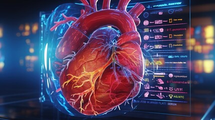 A human heart with the visual notes representations,scientific type of the background. Created with Generative Ai technology.