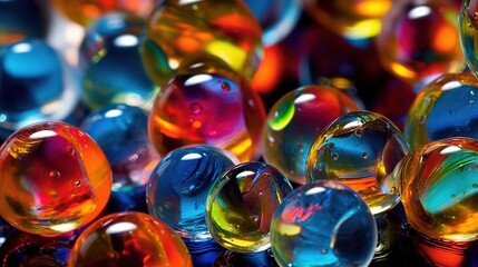 Various glass marbles. Abstract crystalline balls of hydrogel for the background. Beads. Generative AI. Illustration for brochure, cover, poster, presentation or banner.