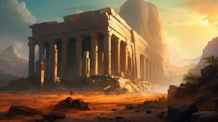 Obraz premium Ancient city buried deep within a desert or underwater realm. Depict its crumbling architecture, intricate statues, and the sense of wonder and mystery that surrounds this forgotten civilization