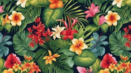 Tropical floral pattern with bright hibiscus flowers and exotic palm leaves. Exotic jungle wallpaper. Generative AI. Illustration for textile, fabric, interior design, packaging, greeting card, print.