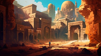 Ancient city buried deep within a desert or underwater realm. Depict its crumbling architecture, intricate statues, and the sense of wonder and mystery that surrounds this forgotten civilization