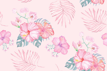Fototapeta na wymiar Designed with floral patterns painted with watercolors with elegant patterns.Seamless pattern of hibiscus flowers and tropical leaves on the Orose Rose background.Bright fabric pattern in summer. 