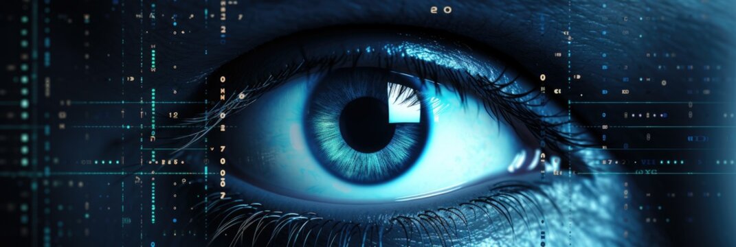 Cyber technology eye panel concept. Human android cyborg eye futuristic concept. Data scanning. Future scientific technology innovation safety science. Artificial intelligence concept - Generative AI