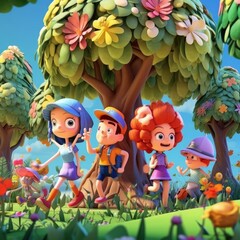 3D illustration of children playing in the forest