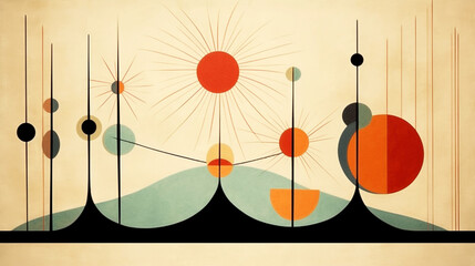 Vintage Atomic Mid Century Modern Art Print - Blue, Orange, Green, Black and Red on Beige Background - Generative AI