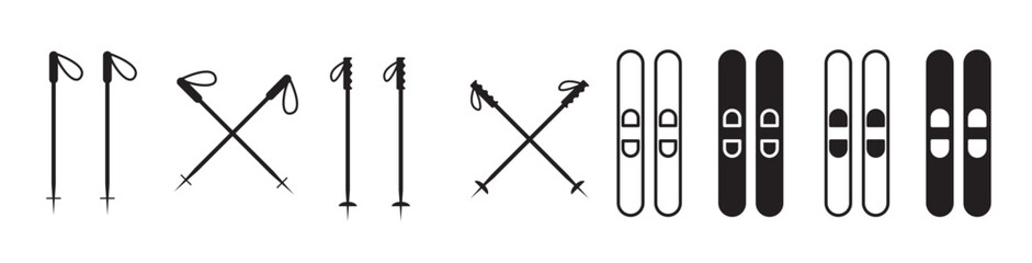 Snow ski poles icon set with snowboard. Mountain skier ski vector icon set.