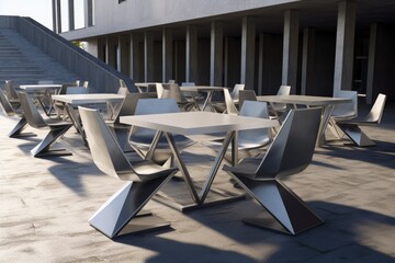 a terrace area with tables and chairs Generative AI
