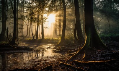  the sun shines through the trees in the forest with a stream running through it and trees in the foreground, and a puddle of water in the foreground.  generative ai