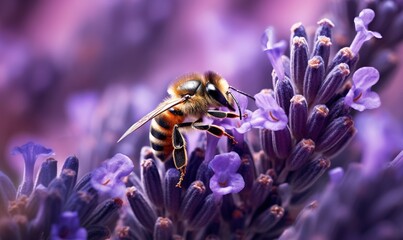  a bee sitting on a purple flower with its eyes closed and head turned to the side of the picture, with a blurry background of purple flowers.  generative ai