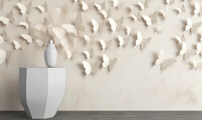  a white vase sitting on top of a wooden floor next to a wall with butterflies on it and a vase on top of a table.  generative ai