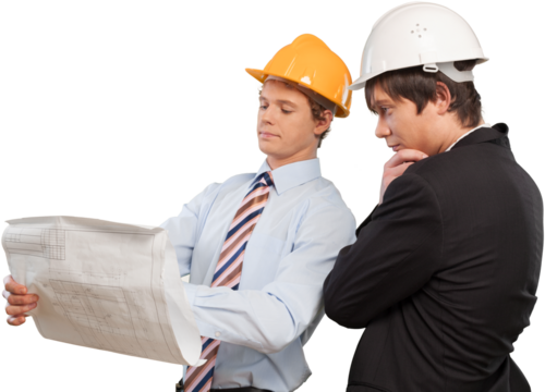 architect and supervisor Reviewing Blueprints