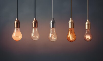  a group of light bulbs hanging from a line of lightshades in a dark room with a gray background and a light bulb in the middle of the middle.  generative ai