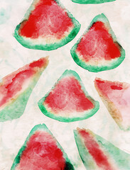 illustrazione generative ai con fette di frutto anguria in  colori ad acqua e tinte pastello su carta ruvida - obrazy, fototapety, plakaty