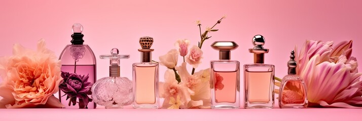 Fototapeta premium Group of Different perfume bottles and sampler on a pink floral background. Perfumery collection. Genaretive Ai
