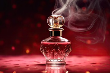 Obraz na płótnie Canvas Perfume bottle spraying on dark red background. Genaretive Ai