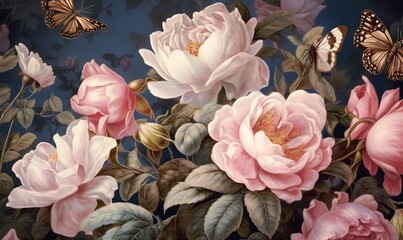  a painting of pink roses and butterflies on a blue background with a butterfly flying over them and a dark blue background with white and pink flowers.  generative ai