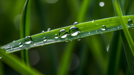 Droplets of Life on Lush Green Grass, Macro Shot Capturing Nature's Resilience and Vitality