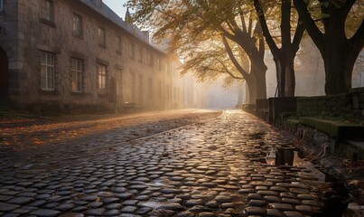  a cobblestone street with trees and a building in the background on a foggy day with sun shining through the trees and the fog.  generative ai
