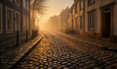  a cobblestone street with a street lamp in the distance and buildings on either side of the street in the foggy morning light.  generative ai