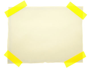 Yellow sheet carelessly glued with yellow tape. Isolated on transparent background. KI.