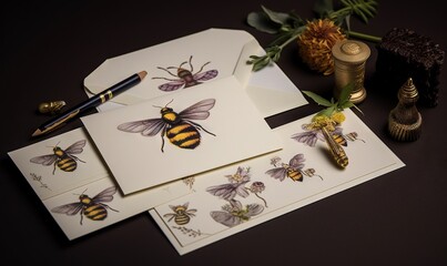 Naklejka na ściany i meble a table topped with cards and a vase filled with flowers and a pen on top of it next to a couple of bees on top of cards. generative ai