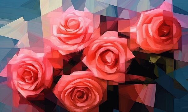  a bunch of pink roses sitting on top of each other on a blue surface with a white triangle in the middle of the picture and a blue background.  generative ai