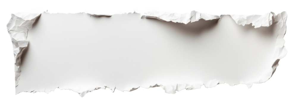 Torn paper. A strip of long, torn, white paper. Isolated on transparent background. KI.