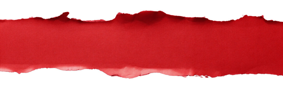 A strip of torn, red paper. Isolated on transparent background. KI.