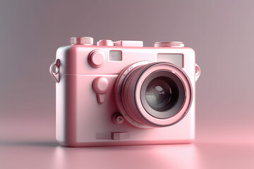 Cute camera ui icon, pink frosted glass plastic style. Simple 3d photo camera on pastel gradient background. Generative AI 3d render illustration imitation.